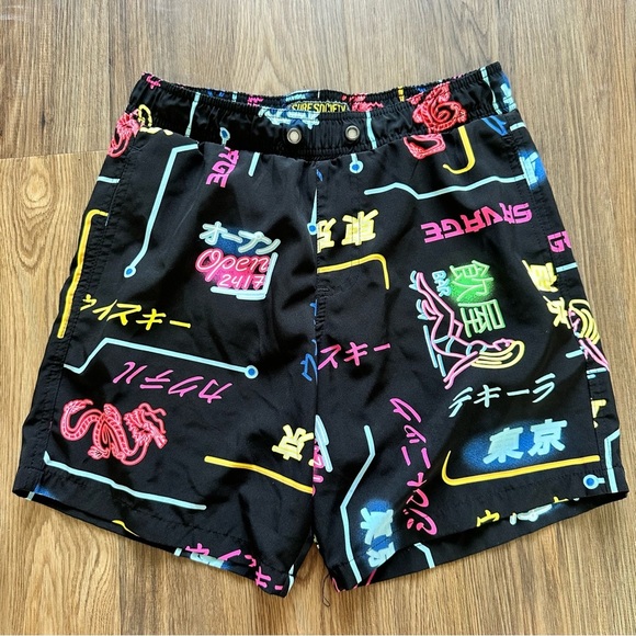 Surf Society Mens Swim Shorts Trunk Small Neon Japanese Bar Party Beach Lined 7” - Picture 1 of 12